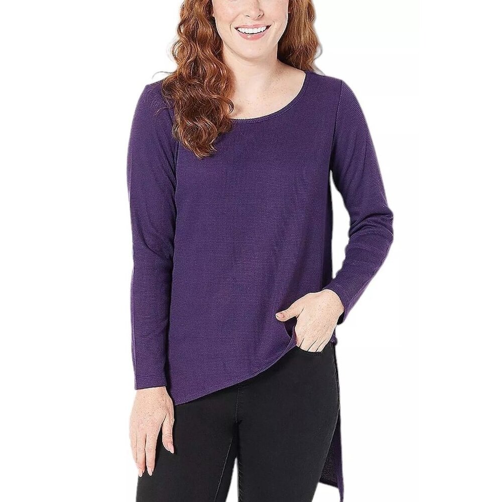 Attitudes by Renee Asymmetric Hem Waffle Top Womens XXS Eggplant Poly Blend NEW